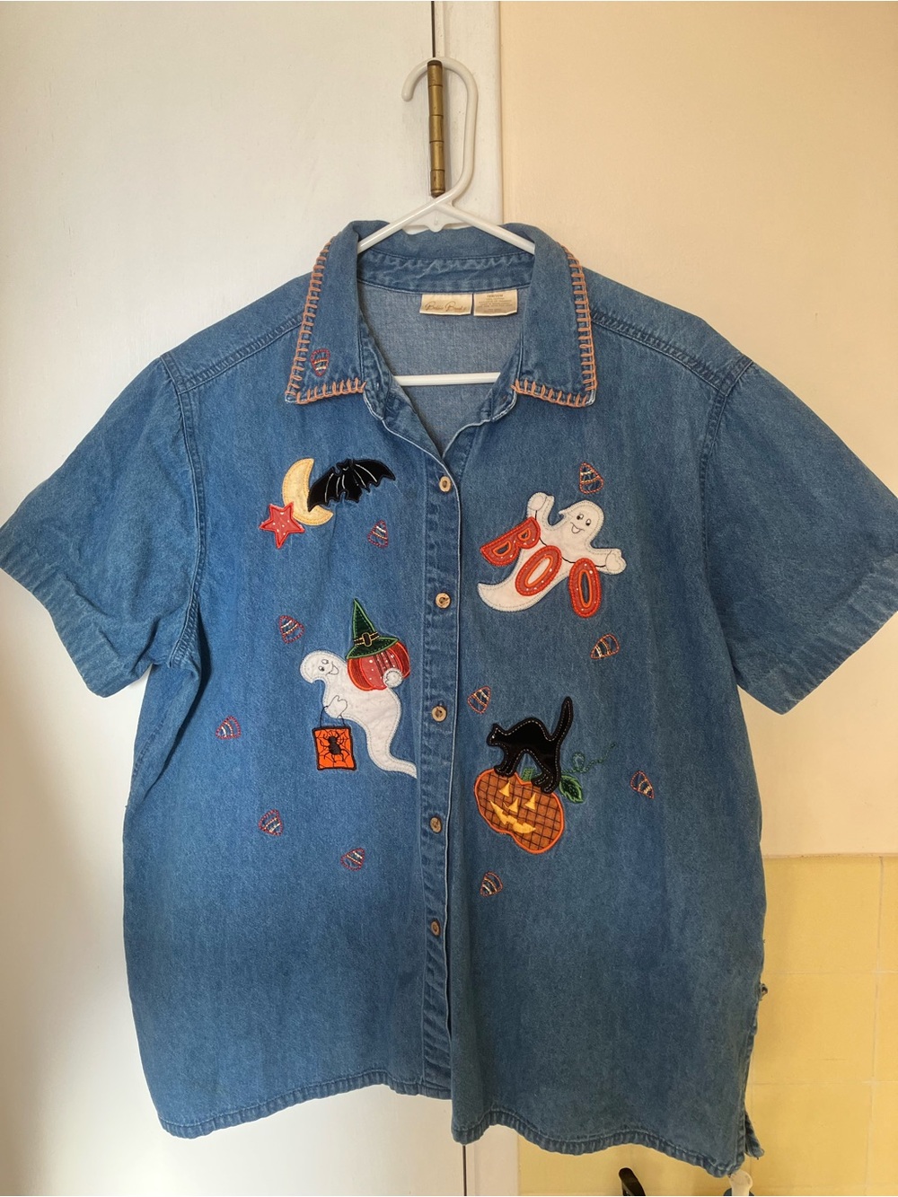 BOBBIE BROOKS Halloween Denim Button Up Short Sleeve Shirt Size:18W/20W